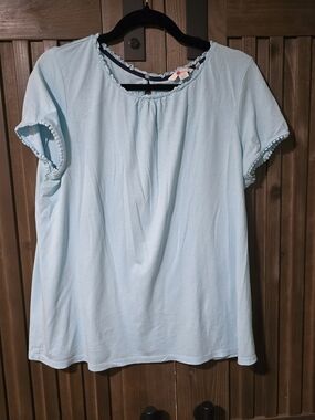Boden Light Blue Short Sleeve Pom-Pom Peasant Top